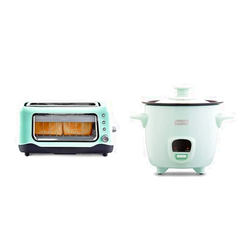 Dash Clear View Toaster: Extra Wide Slot Toaster with Stainless Steel Accents + See Through Window-Aqua & Mini Rice Cooker Steamer with Removable Nonstick Pot, Keep Warm Function & Recipe Guide, Aqua