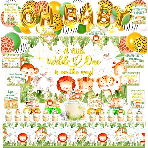Mpanwen Safari Baby Shower Decorations, Jungle Animal Theme Party Decorations Supplies for Baby Shower - Backdrop, Cake, Cupcake Toppers, Balloon, Tablecloth, Hanging Swirls, Wall Signs
