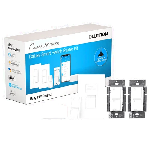 Lutron Caseta Smart Lighting Kit w/ Hub, 2 Original Switches, Pico Remotes, & More, for Light Bulbs and Fans, Works w/ Alexa, Apple Homekit, Google Home, 5A / Neutral Required, P-BDG-PKG2WS-WH