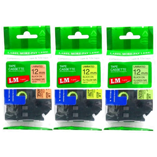 LMe Tapes for PT1010 3 Fluorescent Tape Value Pack for Brother PT-1010-12mm Black on Orange, Black on Green, Black on Yellow Compatible TZe P-Touch Tape for Brother Model PT1010 Label Makers