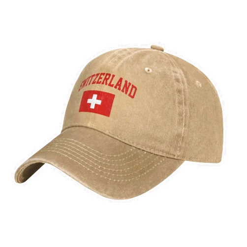 Axxor Flag of Switzerland Denim Baseball Cap Adjustable Classic Vintage Distressed Denim Baseball Cap for Men Women Black
