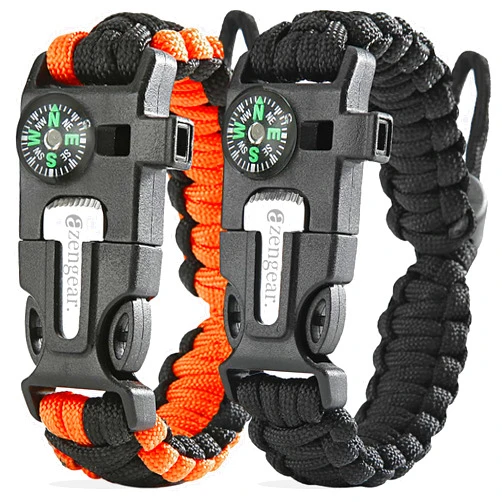aZengear Paracord Survival Bracelet (2 Pack) | Flint Steel Fire Starter, Whistle, Compass, Mini Saw | Adjustable Wrist Band Size for Camping, Bushcraft, Emergency Kit (Black & Orange)