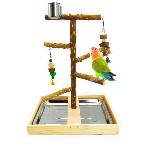 Tfwadmx Bird Perch Natural Wood Stand Toy Parrot Play Stand Platform Bird Cage with Removable Tray and 2 Stainless Steel Cups for Parakeets Canaries Cockatiels Conure Lovebirds