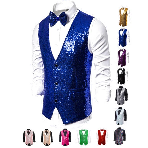 Baestappy Men's Shiny Sequins V-Neck Dress Vest with Bowtie & Brooch - Formal & Semi - Formal Prom Party Tuxedo