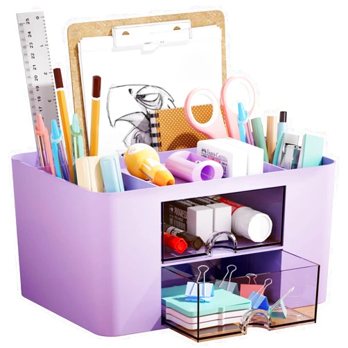 Marbrasse Pen Organizer with 2 Drawer, Multi-Functional Pencil Holder for Desk, Desk Organizers and Accessories with 5 Compartments + Drawer for Office Art Supplies (Purple)