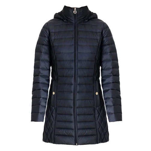 Michael Michael Kors Women's Black Hooded Down Packable Jacket Coat with Removable Hood 3/4 Length Long