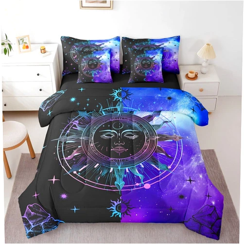Erosebridal 7Pcs Blue Black Sun and Moon Comforter Set Queen Size Boho Galaxy Celestial Bedding Bed in a Bag (1 Comforter, 1 Flat Sheet 1 Fitted Sheet 2 Pillowcases and 2 Throw Pillow Covers)