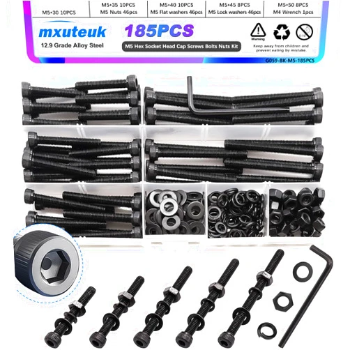 mxuteuk 185PCS M5 Screws Assortment Set,M5 x 30/35/40/45/50mm Hex Socket Head Cap Screws Bolts Nuts Kit,12.9 Grade Alloy Steel M5 Bolts with Hex Wrench