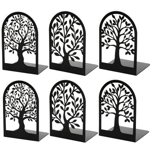 HappyHapi Metal Bookends for Shelves Decorative, Tree Stopper for Heavy Books, Black Ends to Hold Books for Home Office, 6.5 X 4.7 X 3.5 Inch(3 Pairs/6 Pcs, Large)