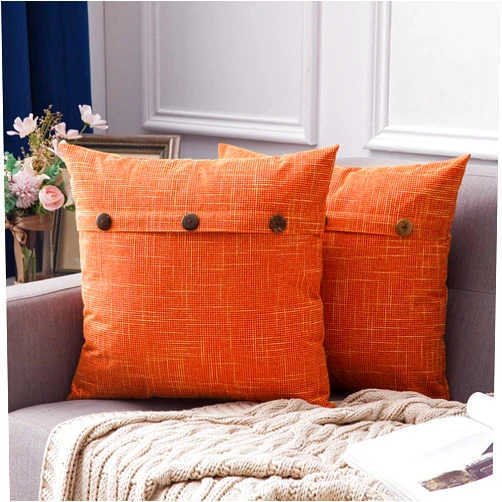 MIULEE Set of 2 Decorative Linen Throw Pillow Covers Cushion Case Triple Button Vintage Farmhouse Pillowcase for Fall Couch Sofa Bed 18 x 18 Inch 45 x 45 cm Orange