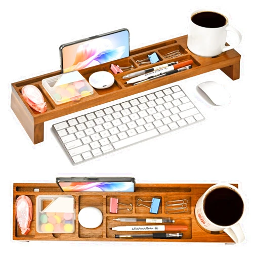 KAYYUKI WH Natural Wood Desk Organizer，Multi-Compartment Desk Organizer Wood for Home, Office, Cubicle Accessories，Table Caddy for Desktop and Workspace， Office Desk Fixed Organizer