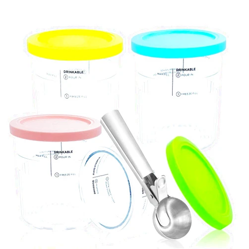 CUTIECLUB 4 Ice Cream Pint Containers 24oz and Lids for Ninja Creami NC500 NC501 Series Deluxe ice Cream Makers, and Stainless Steel Ice Cream Scooper with Trigger Release Set