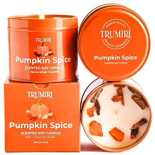 TRUMIRI Pumpkin Spice - Cinnamon Soy Candles for Home Scented - for Fall Halloween Thanksgiving Holidays - 5oz Natural Clean Non Toxic Long Lasting Highly Scented Pet Safe Luxury Tin with Essential Oils
