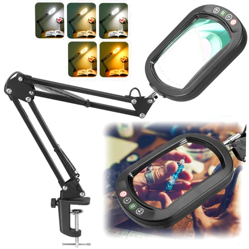 IVMAIE 10X Rectangle Magnifying Glass with Light, 5 Color Modes Stepless Dimmable Magnifier with Stand, LED Lighted Clamp Desk Lamp with Swing Arm, Hands Free for Reading Painting Crafts Close Work