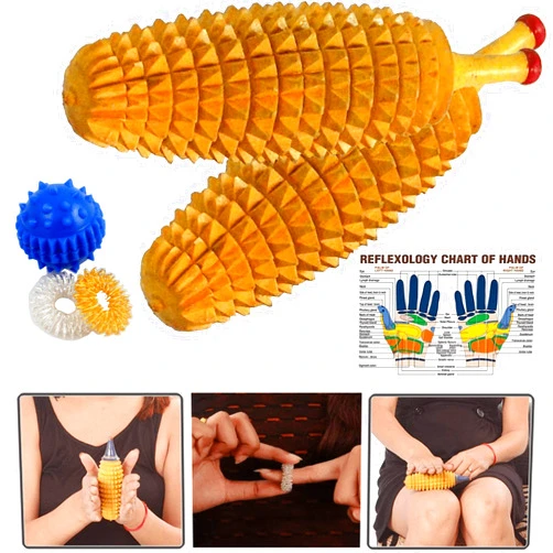 BOSKY Handmade Wooden Ancient Acupressure Spiked Hand Massager Exercise Therapy Deep Tissue Trigger Set of 2 Pcs, Sujok Ball and Rings with Reflexology Chart