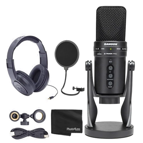 Samson G-Track Pro USB 24-bit Studio Condenser Mic with Audio Interface Bundle Professional Stereo Headphones + Pop Filter + Cloth (4 Items)