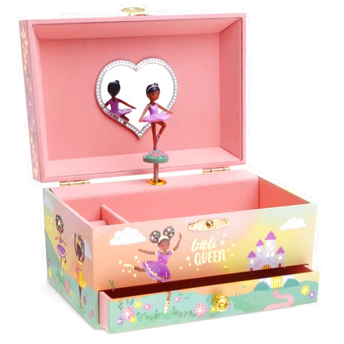 Jewelkeeper Girl's Musical Jewelry Storage Box with Pullout Drawer and Black Ballerina, Little Queen Design, Swan Lake Tune