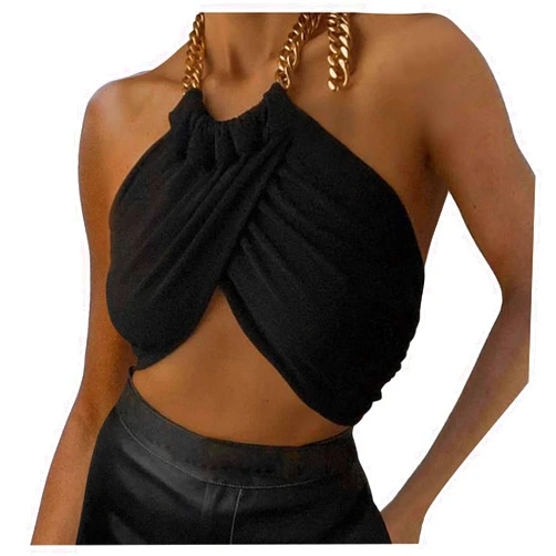 Generic Women'S Summer Short Sexy Top Vest Metal Chain Hanging Neck Sling Wrapped Chest Solid Color Short Vest Top 3x