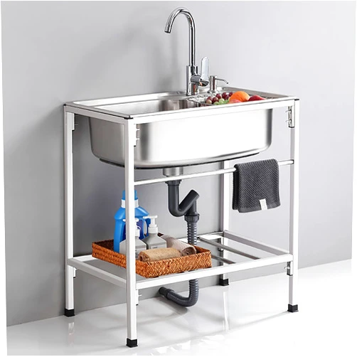 WappiGo Outdoor Sink Single Bowl, Freestanding Stainless Steel Utility Sink With Hose Hook Up, Commercial Kitchen Sink with Hot and Cold Faucet For Restaurant, Bar, Laundry, Garage, Backyard