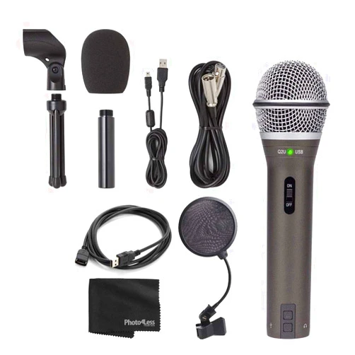 Samson Q2U Recording & Podcasting Pack (Grey) with 4-Inch Pop Filter, USB 2.0 A Male to A Female Extension Cable and Lens & Camera Cleaning Cloth - Great Recording and Podcasting Bundle