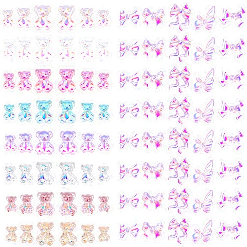 PAGOW 184pcs Cute Bear Nail Art Decorations,Bear Resin Crystal Aurora Rhinestones Colorful Nail Charm with 5 Styles Bow Nail Glitter Accessories for Nail Art Design Manicure (84pcs Bear,100pcs Bows)