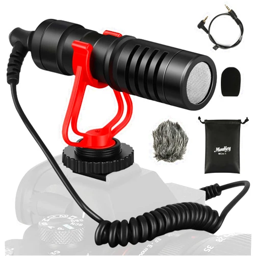 Moukey MCM-1 Video Microphone, Camera Microphone with Shock Mount, Windshield, Professional Vlogging Kit for iPhone, Android Smartphone, DSLR Camera & Camcorder, Battery-Free Shotgun Mic