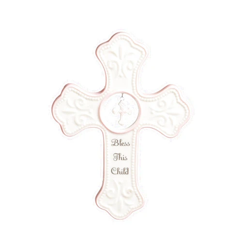 DEMDACO Bless This Child Soft Pink 7 x 5 Porcelain Ceramic Hanging Wall Cross