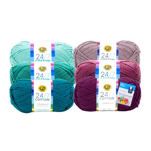 Bella's Crafts Lion Brand Yarn 24/7 Cotton Yarn, 6 Pack Bundle with Bella's Crafts Stitch Markers (Lilac Jade Mix)