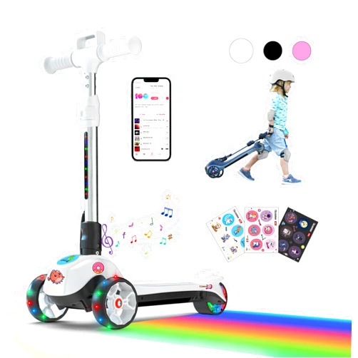 iScooter iK2/iK2pro Electric Scooter for Kids Ages 3-8, Bluetooth Music Speaker, LED Light Wheels, Thumb Accelerator, 3 Adjustable Height Toddler Motorized Scooters, Foldable Scooter for Girls/Boys