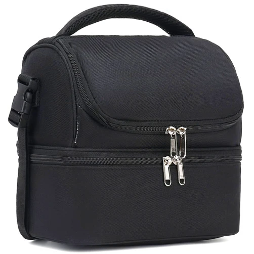 FlowFly Double Decker Cooler Insulated Lunch Bag Large Tote for Boys, Girls, Men, Women, With Adjustable Strap,Black