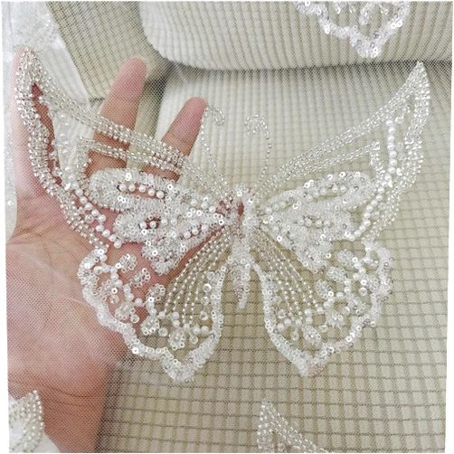 LITTLE PANDADA Beaded Butterfly Lace Appliques Butterfly Embroidery Patches with Sequins Sewing on Bridal Dress Craft Projects 1 Piece