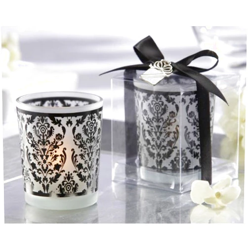 FavorWarehouse Damask Frosted Glass Tea Light Holder with Kate Aspen Signature Charm & soy tealight (Set of 4)