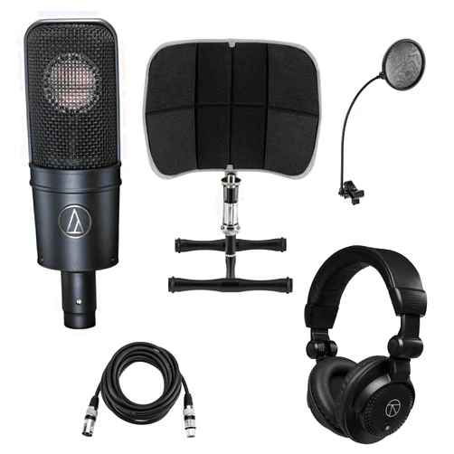 Audio-Technica AT4040 Side-Address Cardioid Condenser Microphone, 20 Hz - Bundle with Desktop Isolation Filter (Gray), Studio Monitor Headphones, 15' XLR M to XLR F Mic Cable, Pop Blocker
