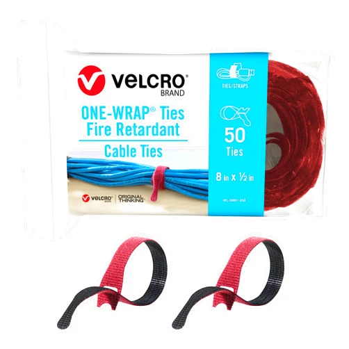 VELCRO Brand Fire Retardant Cable Ties | 50pk ONE-WRAP FR Cable Straps for Contractors, Installers or Home Use | 8 Inch PreCut Cable Management Ties | Cranberry