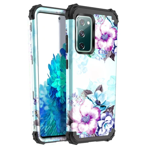 Casetego Compatible with Galaxy S20 FE 5G&4G Case,Floral Three Layer Heavy Duty Sturdy Shockproof Full Body Protective Cover Case for Samsung Galaxy S20 FE,Blue Flower.