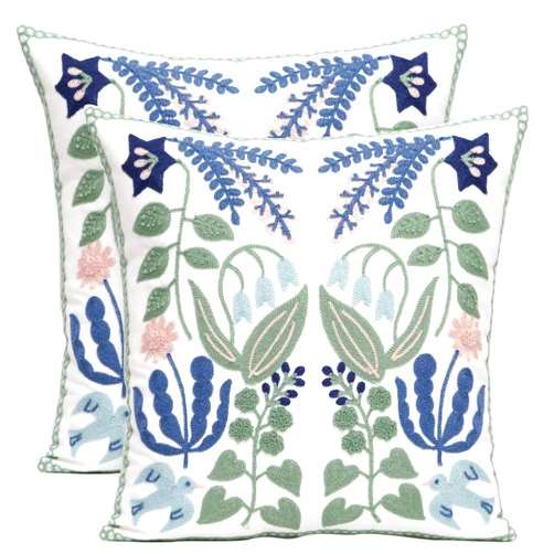 Pilmandu Pack of 2 Embroidered Decorative Throw Pillow Cover 18x18 Inch Farmhouse Floral Pillowcase for Living Room Sofa Bed (Bird Flower)
