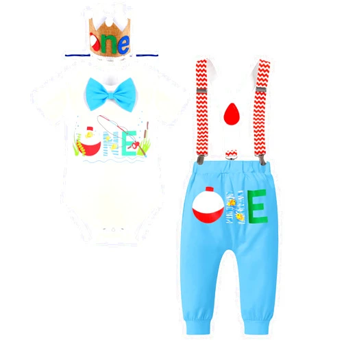 IBTOM CASTLE Fishing Party Themed Baby Boys 1st Birthday Cake Smash Outfit Long Suspenders Pants + Hat Photoshoot Clothes