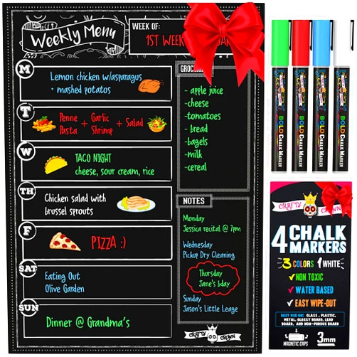 CHALKY CROWN Magnetic Dry Erase Menu Board for Fridge Includes 4 Liquid Chalk Markers - Weekly Meal Planner Blackboard, Grocery List and Notepad for Kitchen Refrigerator - Chalkboard Magnet