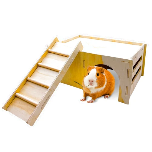 Hamiledyi Wooden Guinea Pig House 2-Chamber Hideout Castle with Ladder for Chinchilla Hedgehog Ferret Squirrel Dwarf Rabbit Bunny Hamster