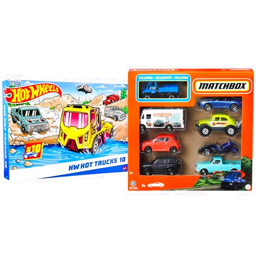 Hot Wheels Bundle of Hot Wheels 10-Pack, Set of 10 Toy Trucks in 1:64 Scale (Styles May Vary) + Matchbox 1:64 Scale Die-Cast Toy Cars or Trucks, Multipack of 8 Vehicles Including 1 Exclusive (Styles May Vary)