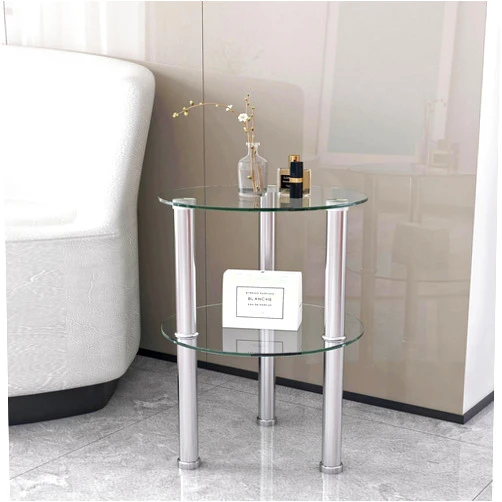 HAOHAOLIFE Modern Simplistic Style Glass End Table with 1 Shelf, 15.55 Inch Round Side Table with Metal Frame, Easy Assembly Nightstand for Living Room, Bedroom, Office