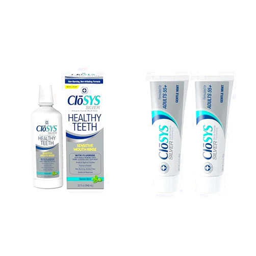 CloSYS Healthy Teeth Oral Rinse Mouthwash - 32 Fl Oz & Silver Fluoride Toothpaste for Adults 55+, 3.4 Ounce, Gentle Mint, Travel Size, TSA Compliant, pH Balanced, Enamel Protection, Sulfate Free
