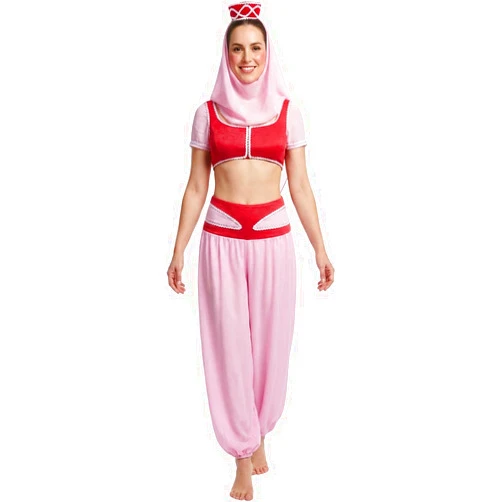 Ocpiley Women's Arabian Genie Cosplay Costume, Pink Velvet Chiffon Crop Top Harem Pants Outfit, 60s Retro TV Style