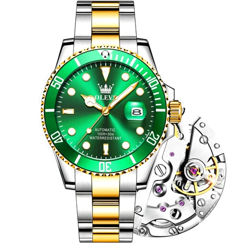 OLEVS 【Upgrade】OLEVS Men's Automatic Watches,Classic Business Big Face Self Winding Mechanical Watch with Date,Luxury Unidirectional Rotating Bezel Waterproof Large Luminous Pointer Watch for Men,Gold Silver Band