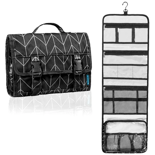 PAVILIA Travel Hanging Toiletry Bag for Women Men, Extra Large Capacity Makeup Bag Kit, Waterproof Cosmetic Storage Organizer Case for Bathroom Shower, Black Chevron