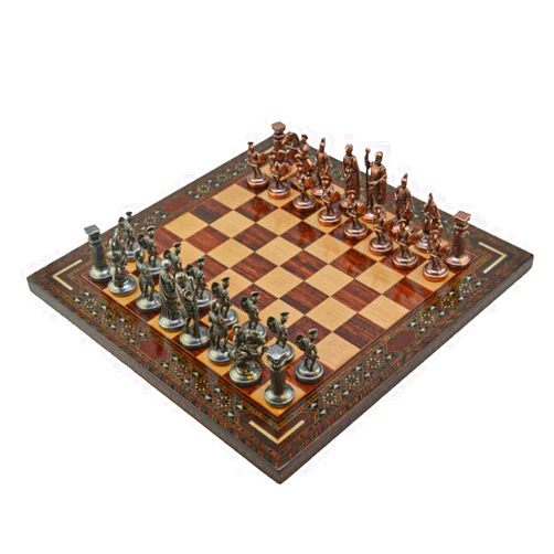 GiftHome Historical Antique Copper Roman Figures Metal Chess Set for Adult,Handmade Cool Pieces and Medium Size Natural Solid Wooden Chessboard with Pearl Design Around Board (Rose)