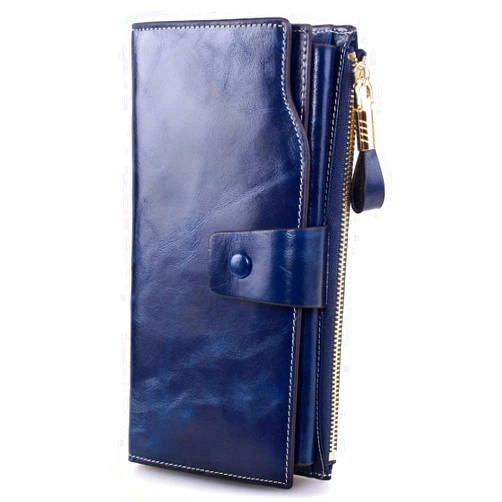 Lecxci Womens Waxed Leather Wallets RFID Blocking Large Capacity Trifold Card Holder Ladies Phone Clutch Multi Card Organizer Long Purse