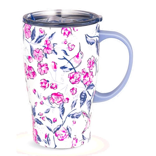 Vera Bradley Insulated Coffee Mug with Handle, 18 Ounce Stainless Steel Tumbler with Lid, Pink Floral Metal Thermal Cup, Hummingbird Ditsy