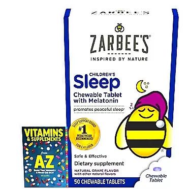 Adventure Home Zarbee's Kids Melatonin 1 mg Chewable Tablet Sleep Aid Supplement for Children Ages 3 and Up, Easy to Take, Drug-Free & Non-Habit Forming, Natural Grape, 50 Tablets+BETTER GUIDE VITAMINS SUPPLEMENTS
