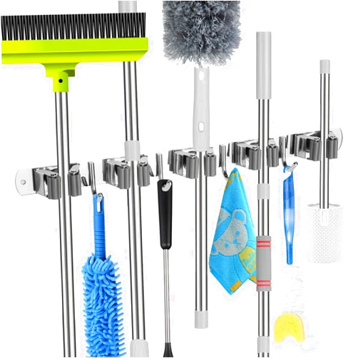 voze 5 Racks and 4 Hooks Mop and Broom Holder Wall Mount, Self Adhesive Heavy Duty Broom Organizer Storage Tool Racks for Kitchen Garden Laundry Garage